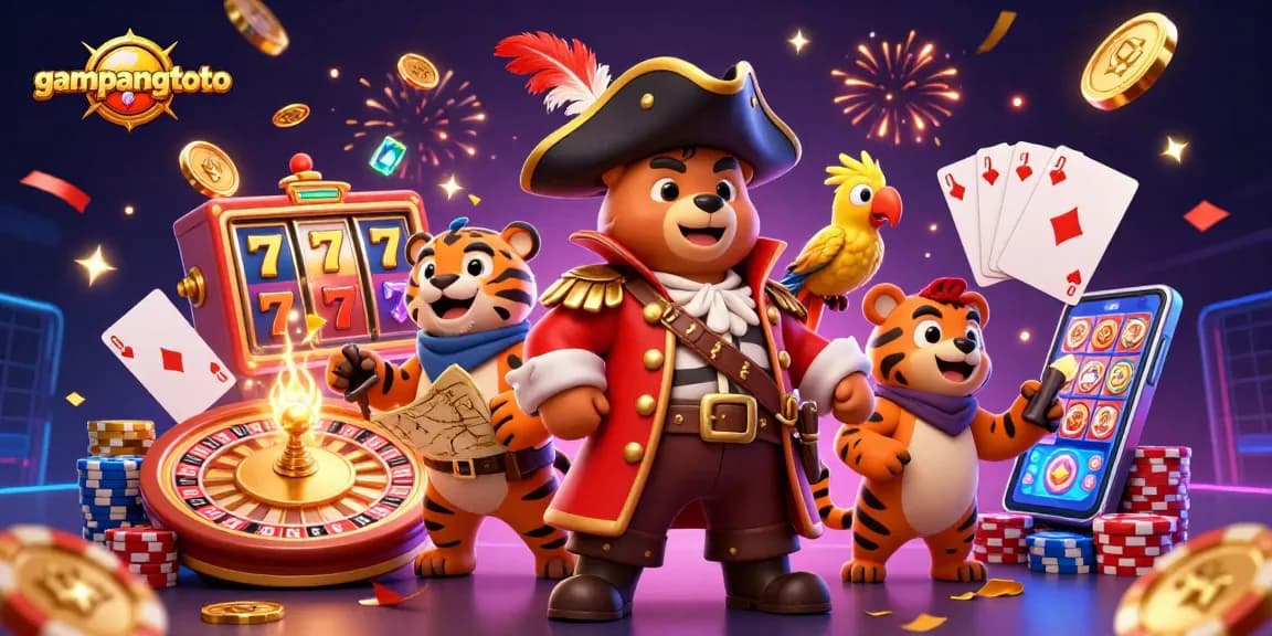 Experience the thrill of gambling with gampangtoto featuring a colorful casino scene filled with slot reels and confetti.