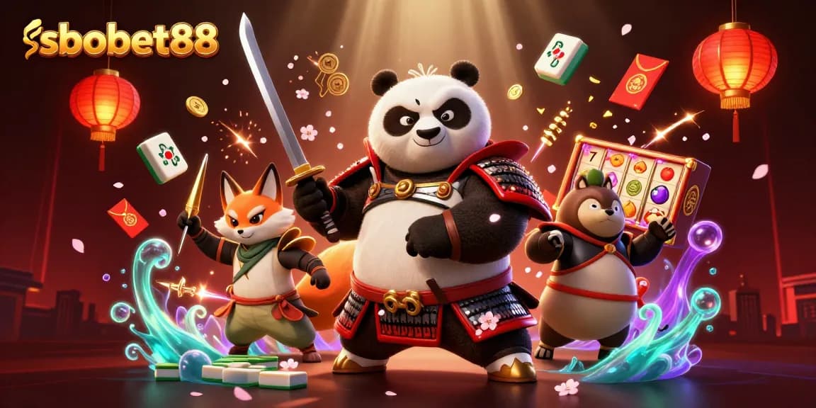 Experience sbobet88 with an action-packed 3D illustration featuring samurai panda and vibrant casino elements.
