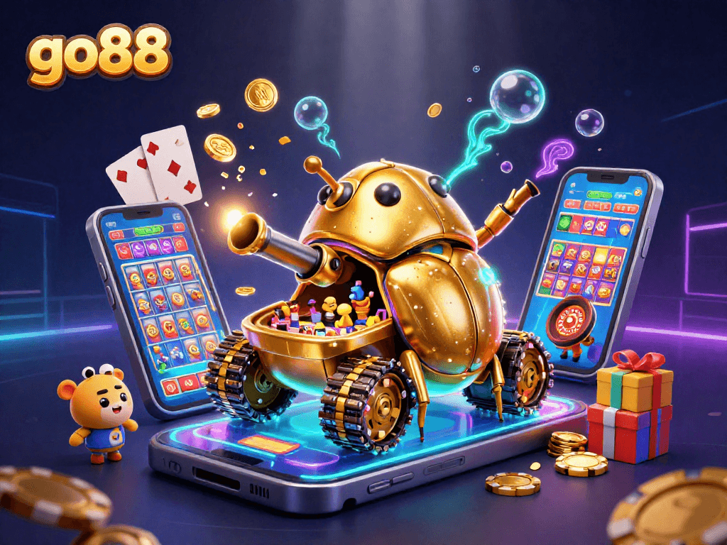 Engage with go88's vibrant casino experience featuring a golden beetle tank and colorful game elements