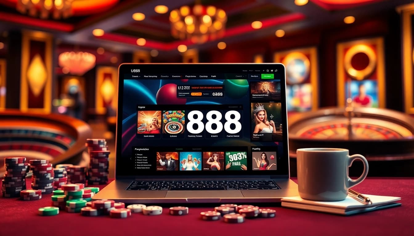 Players enjoying online games at https://u888.broker/, surrounded by casino elements like chips and a roulette wheel.