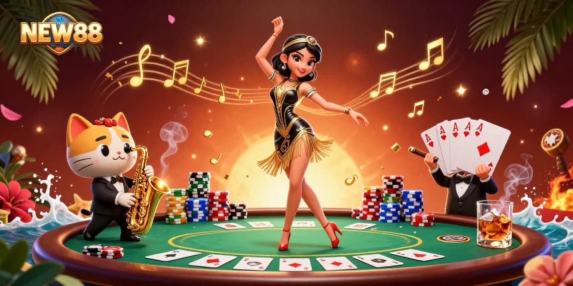 Immerse in the vibrant world of NEW88 with a dazzling 3D illustration blending glamorous characters and thrilling casino elements.