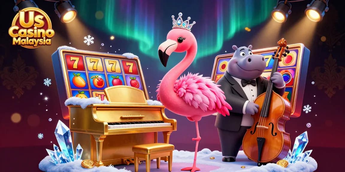 Experience the vibrant atmosphere of Us Casino Malaysia with a flamingo singer and hippo bassist amidst colorful gaming reels.