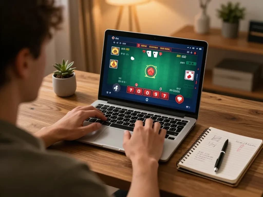 Engaging in GAME BÀI MM99 online blackjack from a cozy home setup, showcasing laptop gameplay.