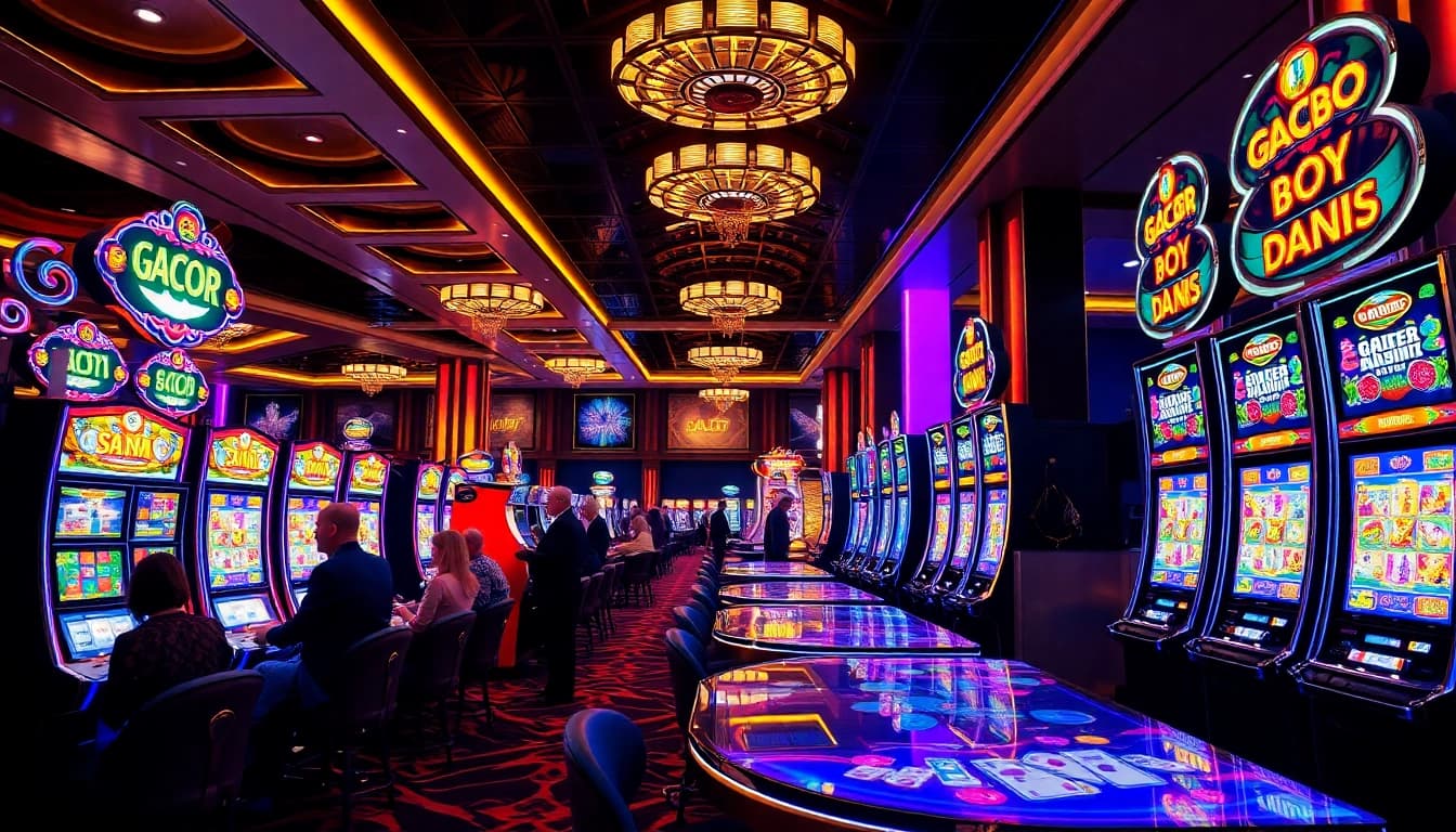 Experience the thrill of slot gacor demo with vibrant slot machines and excited players.