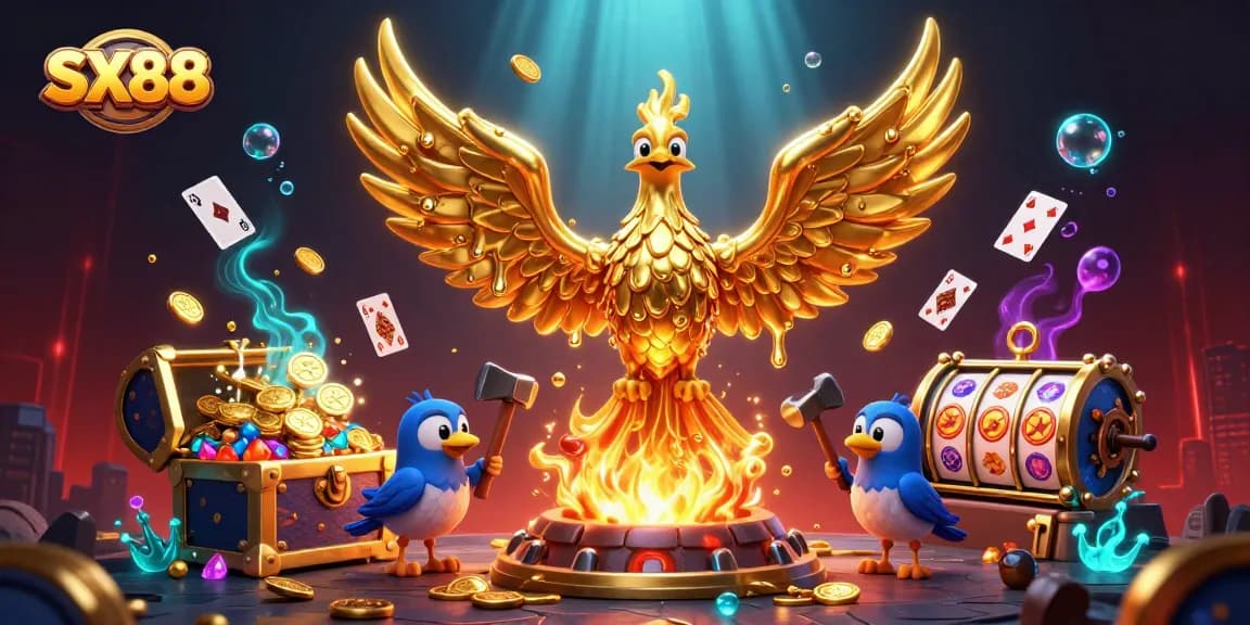 SX88 features a golden phoenix and molten elements, enhancing the online casino gaming experience.