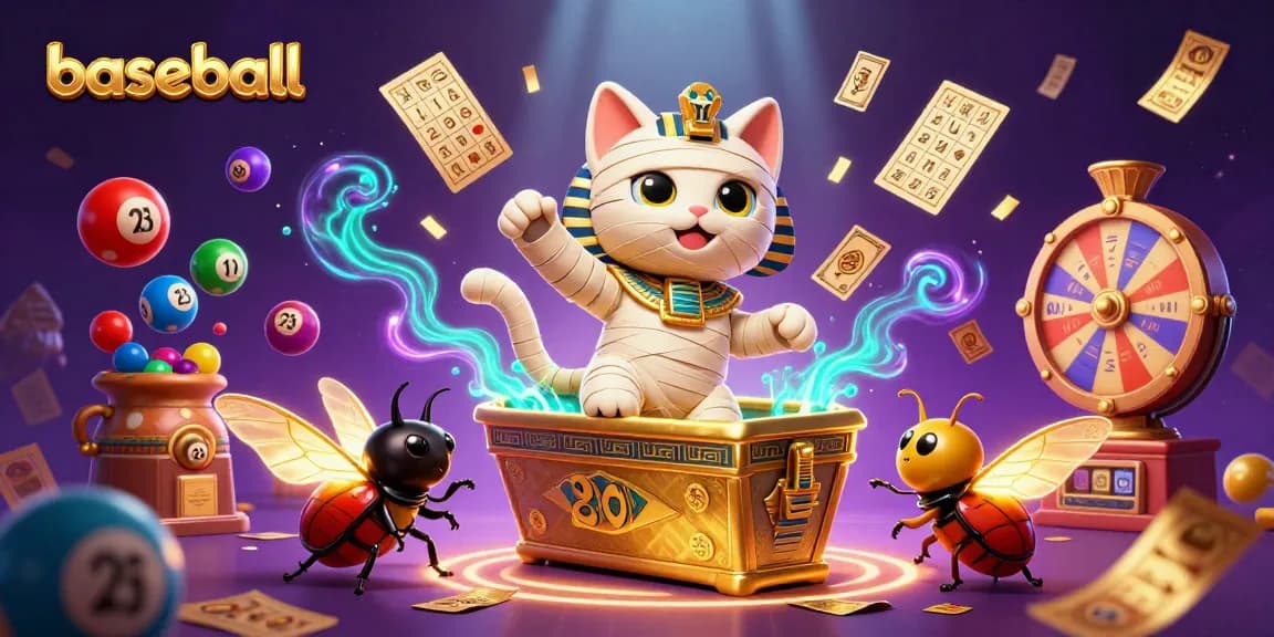 Betting on baseball brings excitement with an Egyptian mummy cat in a colorful casino.