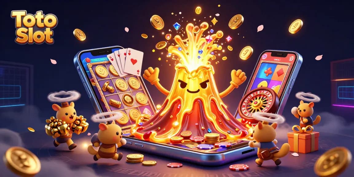 Toto Slot showcases a vibrant 3D scene with a golden volcano, treasures, and dynamic gaming elements.