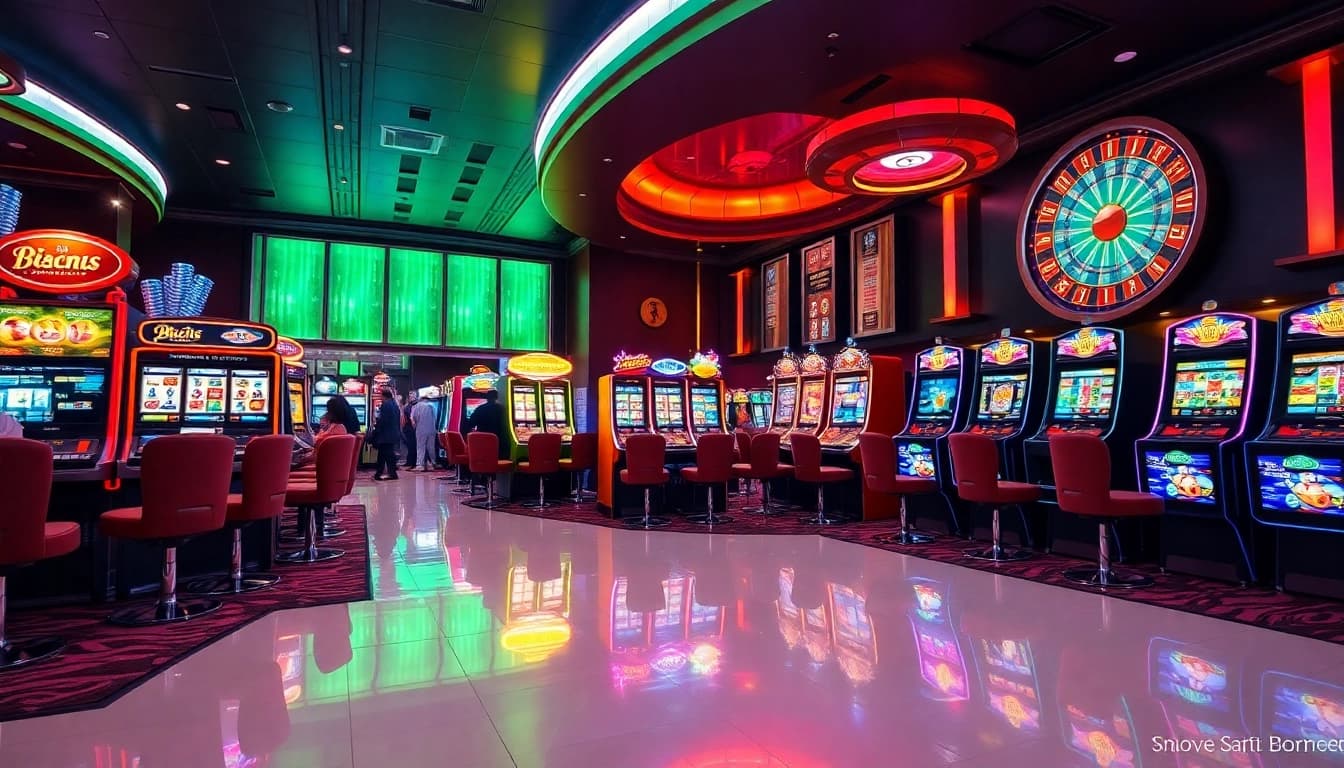 Players engaging with colorful slots at bro138, enjoying a vibrant casino atmosphere.