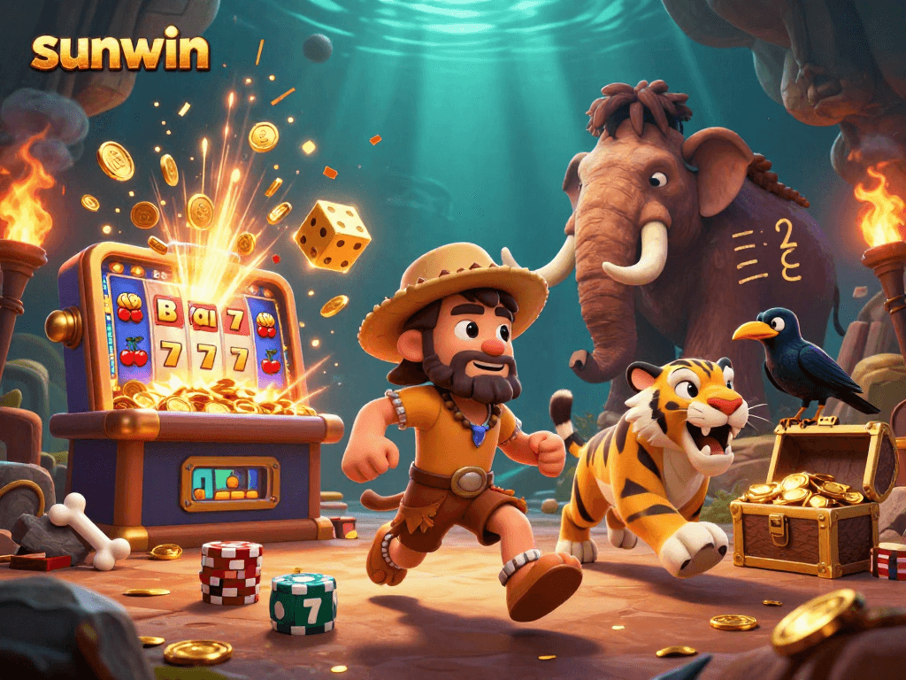 Watch the sunwin casino come alive with a vibrant scene featuring playful characters, slot machines, and exciting gaming elements.