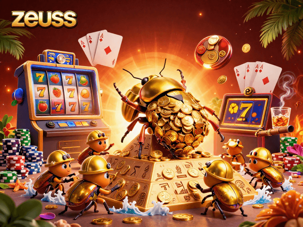 Play zeus slots with colorful symbols and golden coins in an epic casino environment.