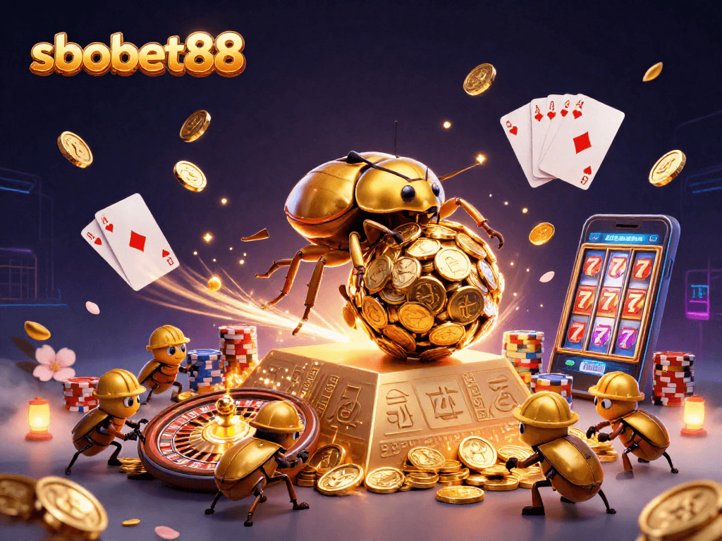 Experience sbobet88's vibrant casino world with a golden beetle rolling coins, capturing the thrill of winning.