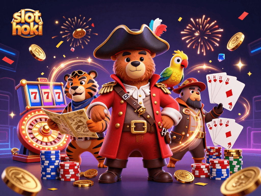 Experience the excitement of slot hoki with dynamic characters in a rich casino scene.