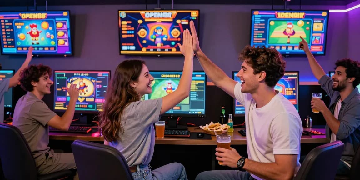 Players enjoying a thrilling experience at OPEN88 online gaming platform, showcasing excitement and community in a vibrant atmosphere.