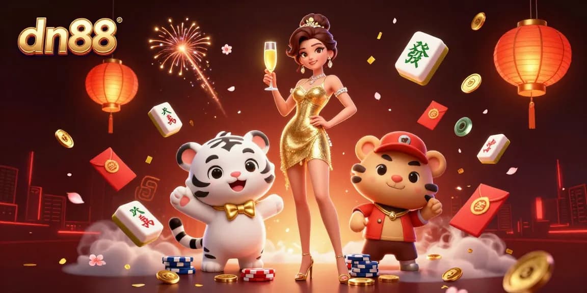 Engage in thrilling gameplay at dn88, featuring a glamorous woman and a lucky tiger in a vibrant casino setting.