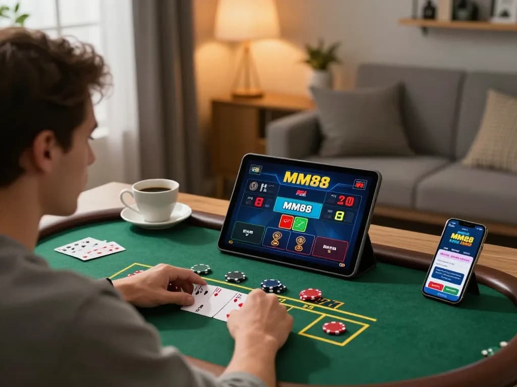 Player engaging in live dealer blackjack on MM88 app with strategic betting notes nearby.