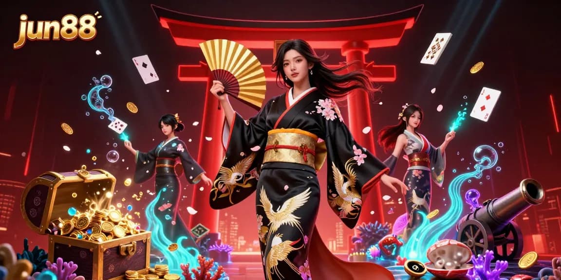 Experience thrilling gaming at jun88 casino with an elegant hostess in a vibrant, action-packed scene.