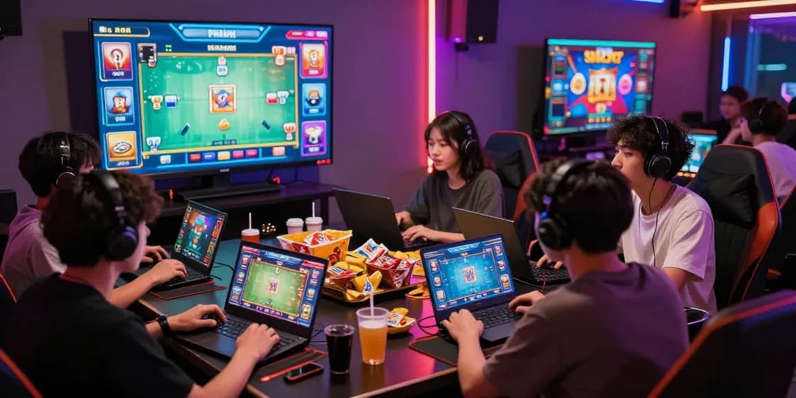 A lively gaming group enjoying card games on gamebaidoithuong.is, surrounded by colorful lights and exciting digital screens.