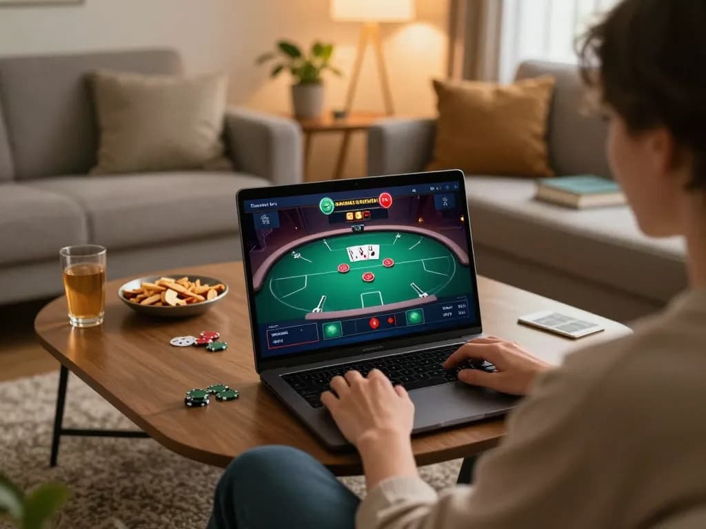 Player engaging with tr88 online casino games on a laptop in a comfy home setting
