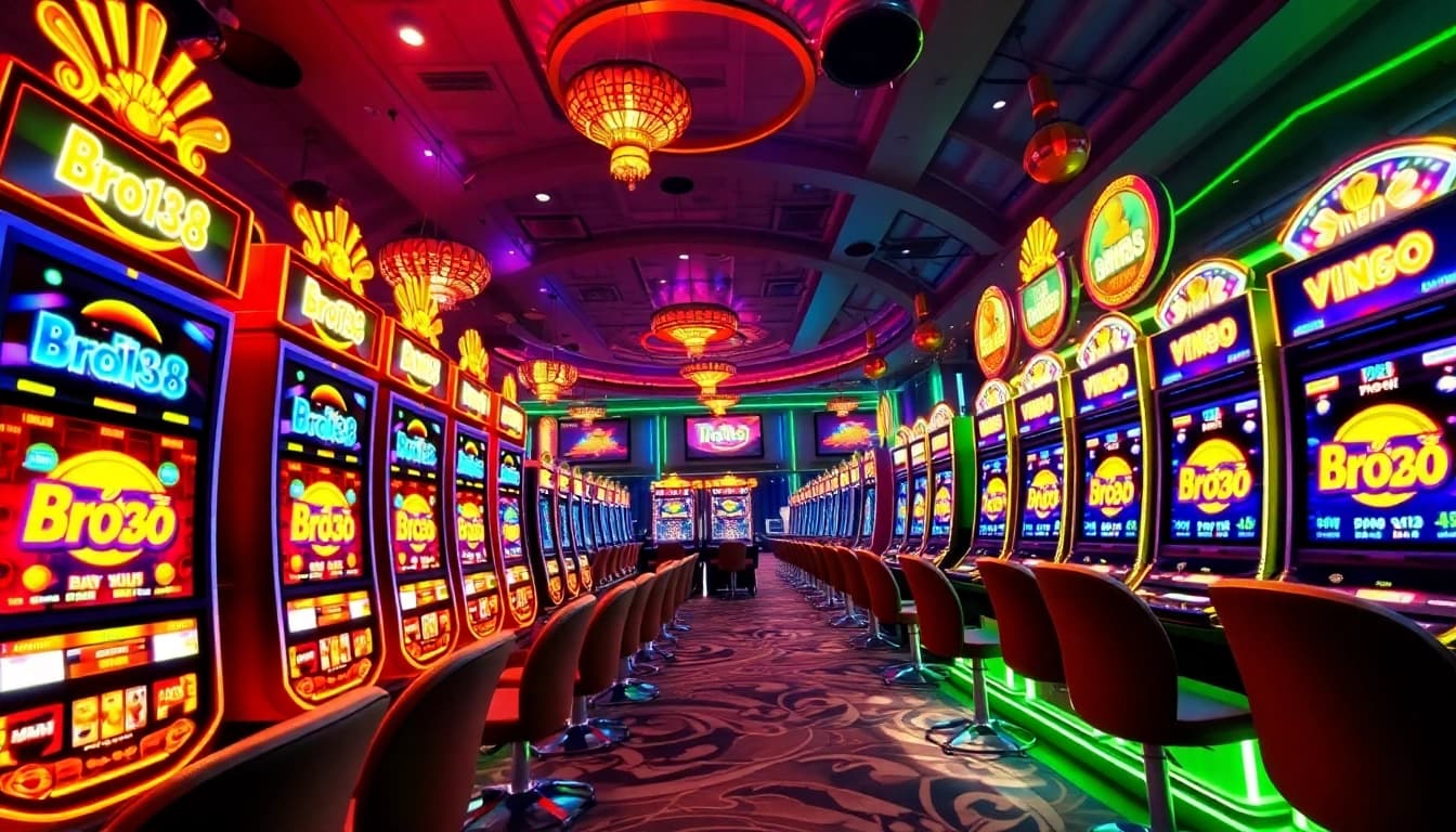 Play exciting slots at Bro138's dynamic casino, featuring colorful machines and vibrant atmosphere.
