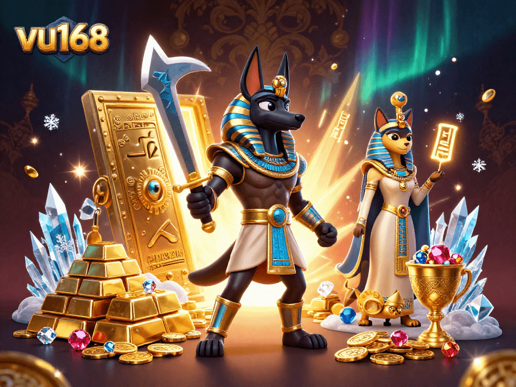 Engage in thrilling action with vu168 as Anubis leads you through a gold-filled jackpot adventure.