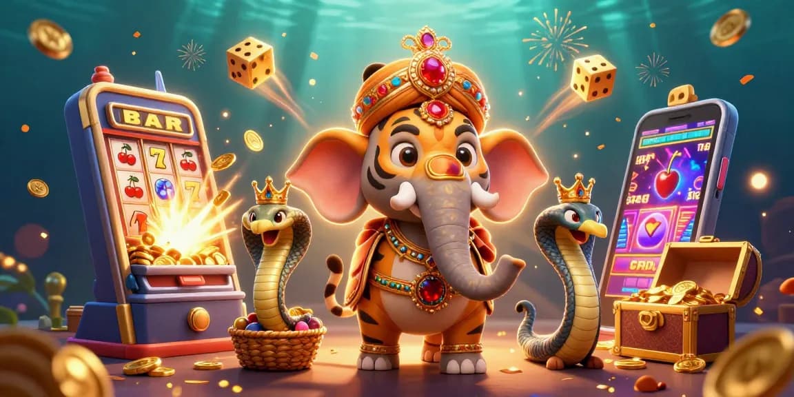 Experience the excitement of LUCKYWIN with a lively 3D jackpot scene featuring vibrant elements and characters.