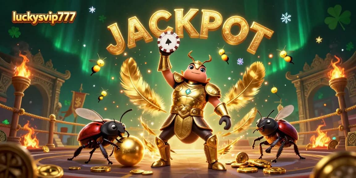 Luckysvip777 inspires excitement as a cartoon beetle lifts a poker chip in a vibrant casino scene.