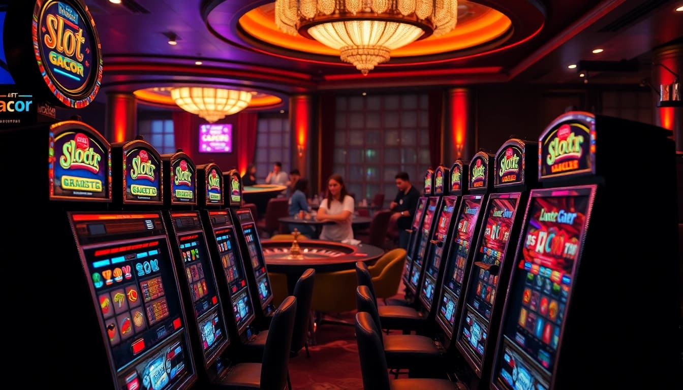 Players engaging with slot gacor machines in a luxurious casino, immersed in excitement and winning opportunities.