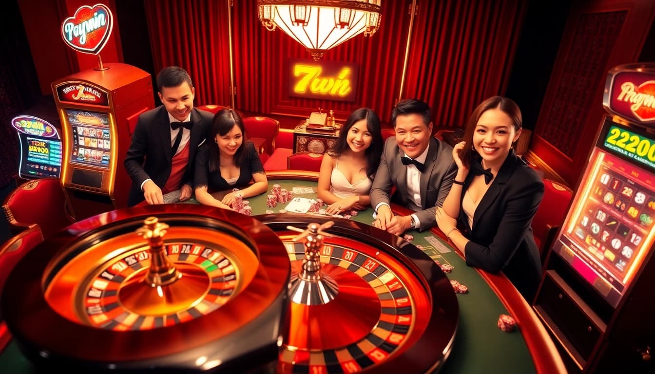 Experience vibrant excitement at 789 win with players enjoying a lively casino atmosphere featuring roulette and poker chips.