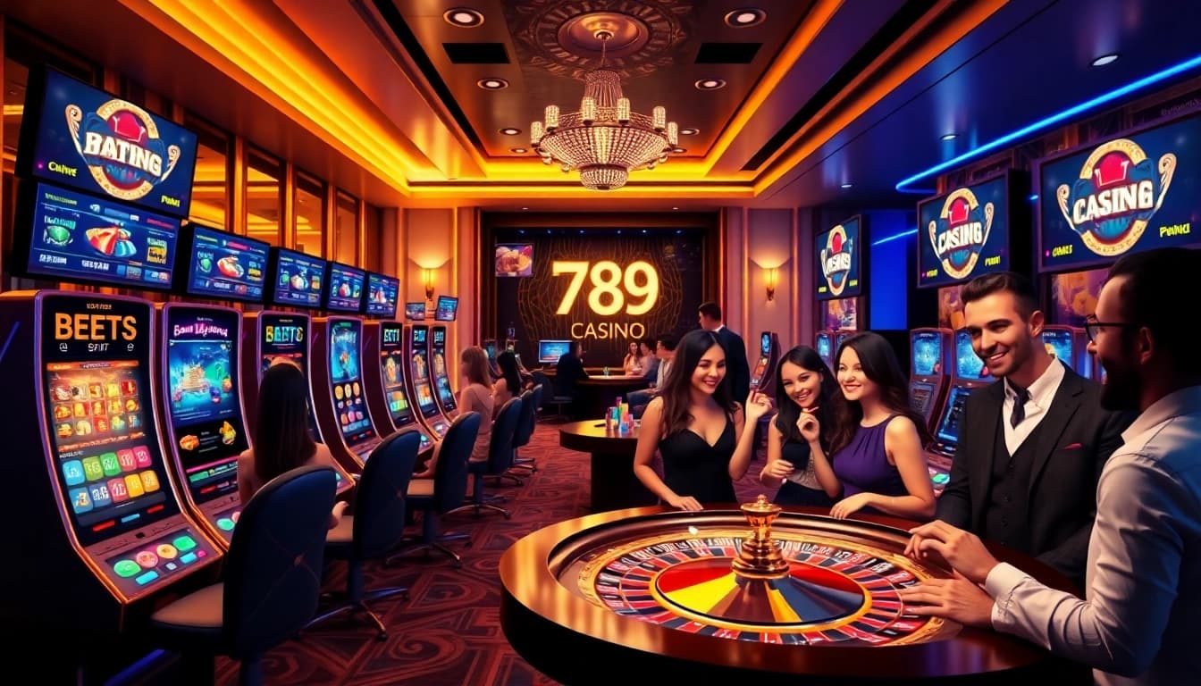 A dynamic gambling scene at https://789club.quest/ showcasing vibrant online casino gameplay with poker chips and slot machines.