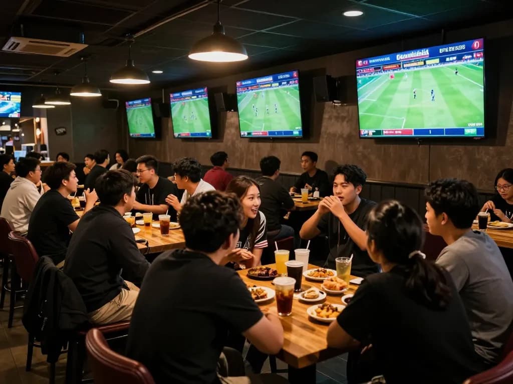 Fans celebrating and placing kèo nhà cái trực tiếp bets in a lively sports bar atmosphere.