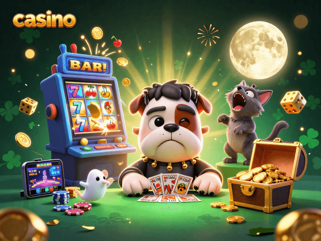Casino-themed illustration with a bulldog monster dealing cards and vibrant slot game elements.