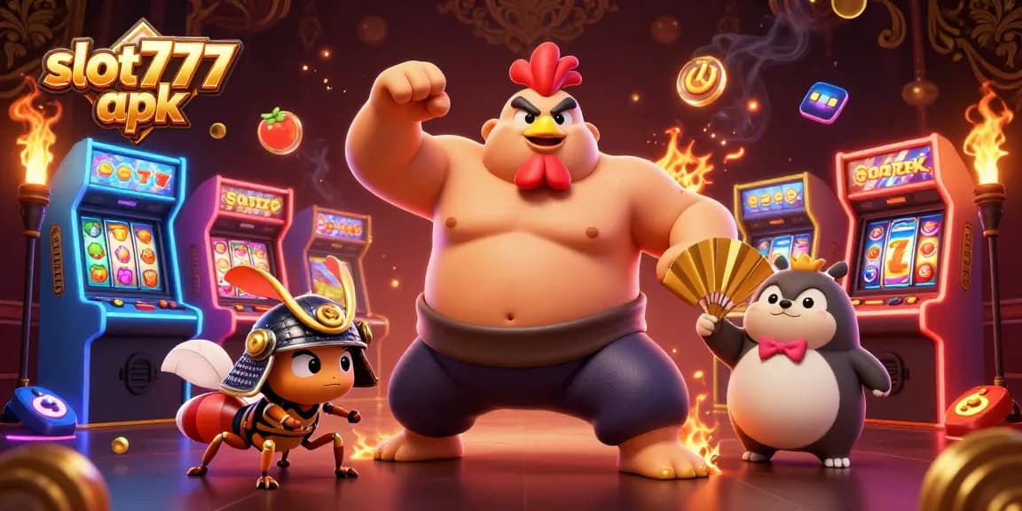 Spin the reels with slot777 apk in a vibrant casino scene featuring unique characters and arcade elements.
