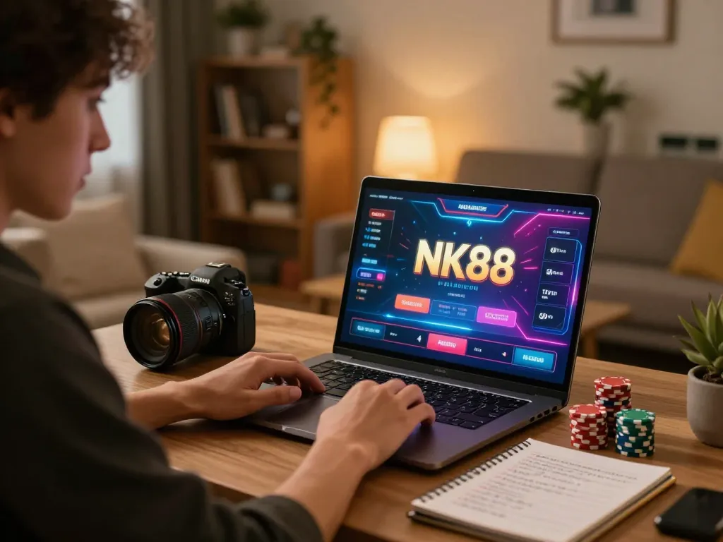 Player strategizing with NK88 online casino interface open on laptop, cozy home setting.