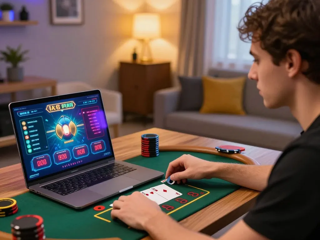 Player enjoying live blackjack on f8bet website in a cozy home office setting