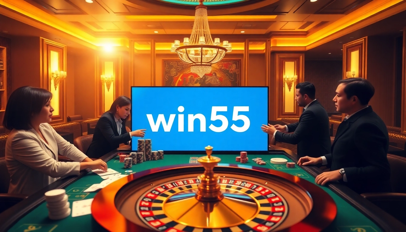 Experience the excitement at Win55 casino with players engaging at the luxury gaming table.