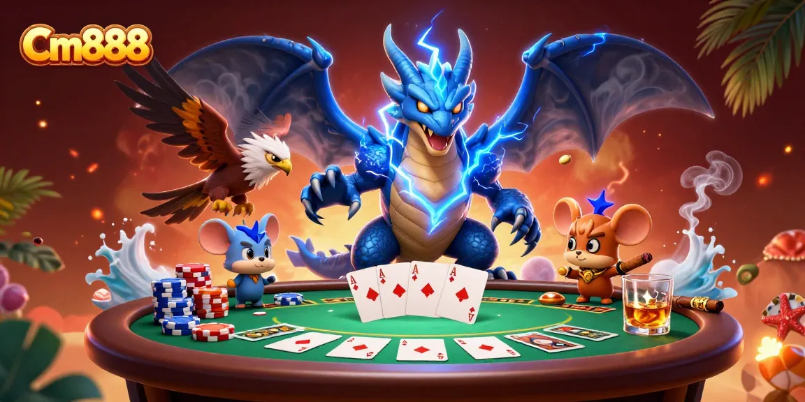 Experience thrilling gameplay with Cm888 in this vibrant poker scene featuring a dragon and hawk.