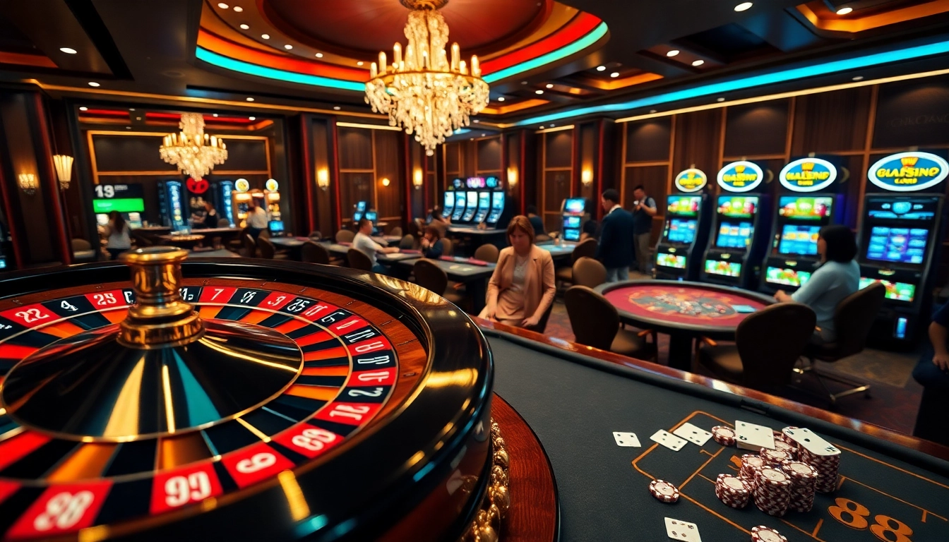Engaging casino scene with players enjoying MM 88's thrilling gaming experience at poker and roulette tables.