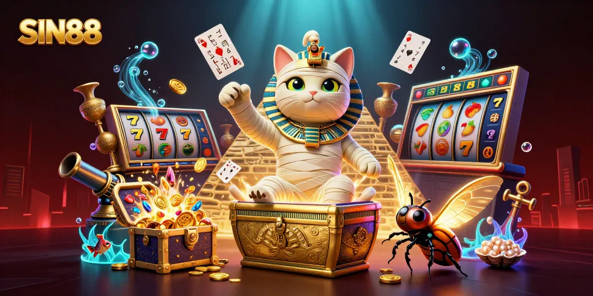 SIN88 introduces a vibrant casino scene with a mummy cat and treasure-filled elements.