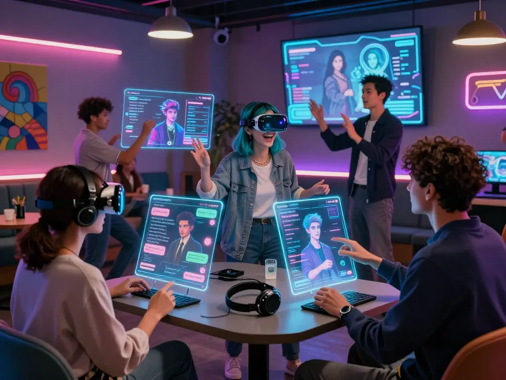 Dynamic NSFW AI chat scene showcasing customization and interaction in a vibrant digital lounge.