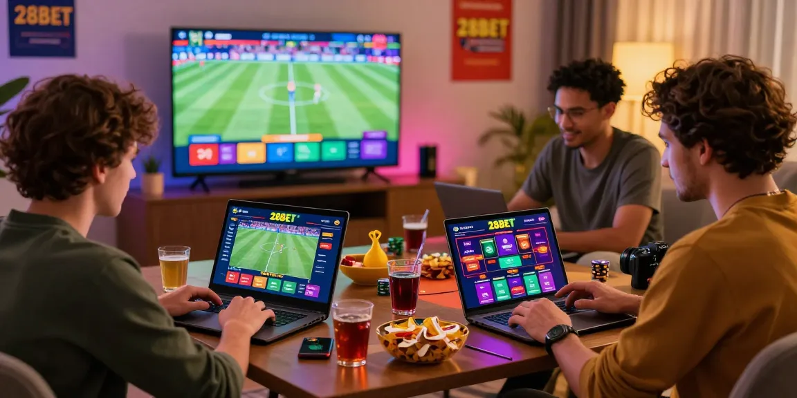 Engaged players accessing 28BET for online betting and casino games in a lively setting.