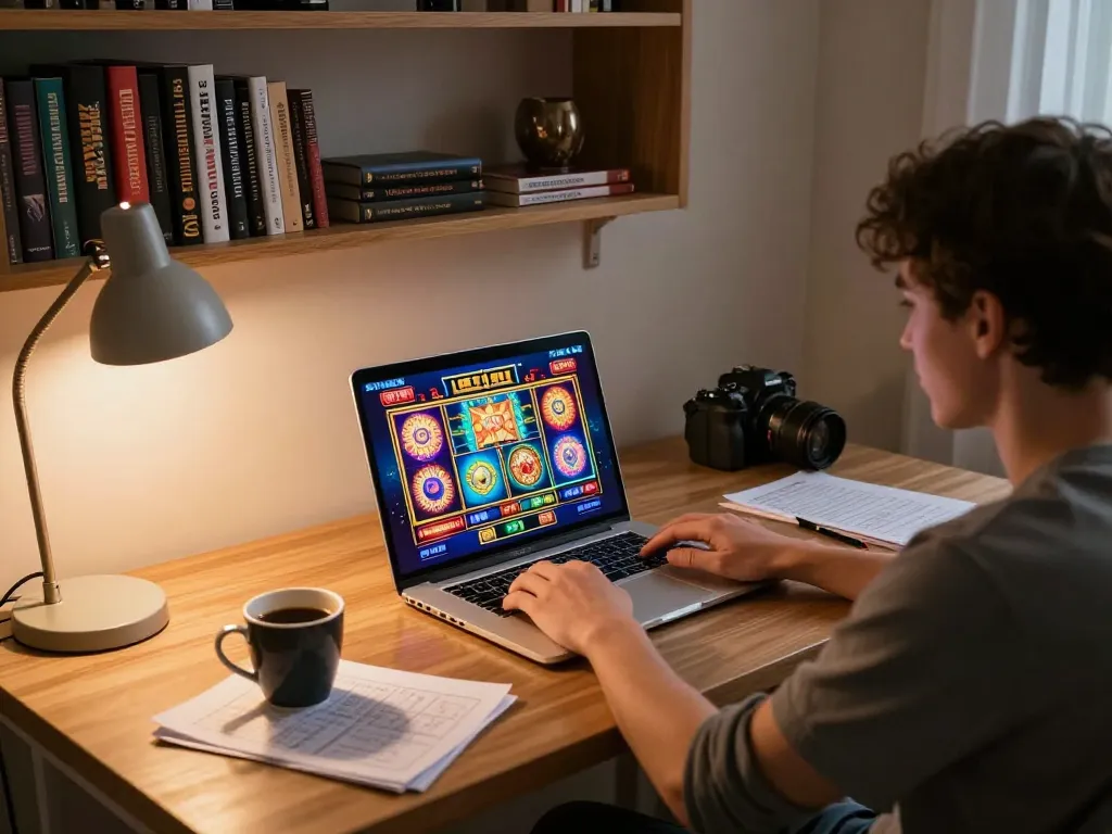Hitclub player engaging with online slots in cozy home office setting, combining strategy and enjoyment.