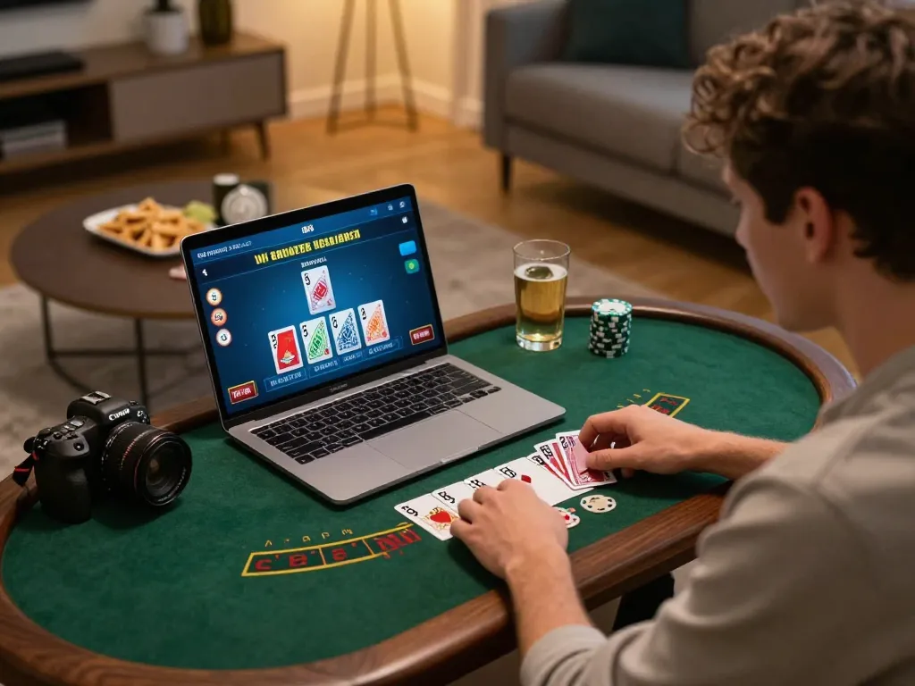 Player engaging in an lc88 blackjack game at home, showcasing strategy and focus on gameplay