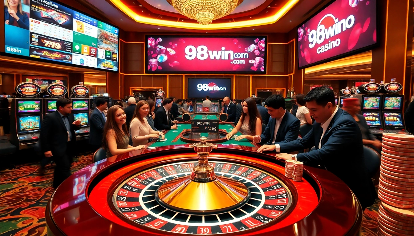 Excited gamblers enjoying games at 98win com with colorful casino decor and vibrant atmosphere.