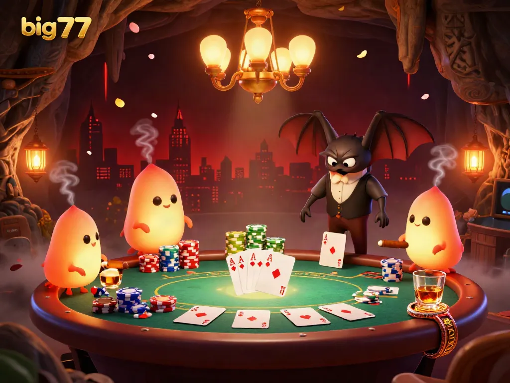 Experience big777 excitement with glowworms illuminating a cave casino poker game scene.