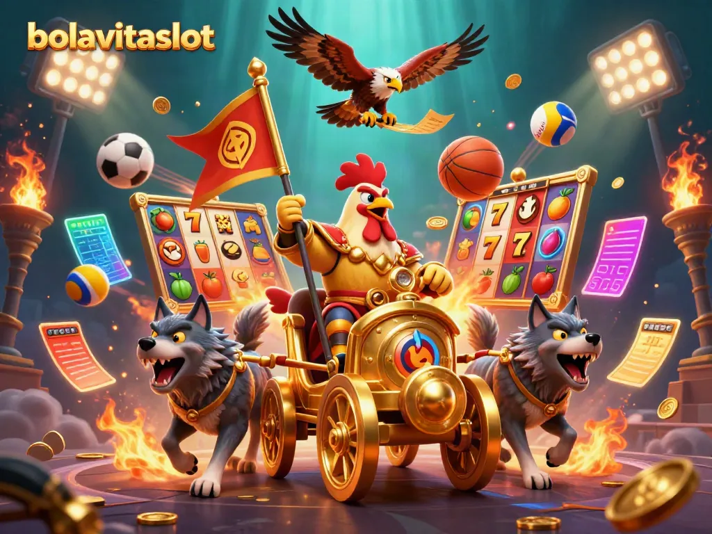 Experience the thrill of bolavitaslot's dynamic jackpot scene featuring a cartoon rooster warlord leading a vibrant gaming journey.