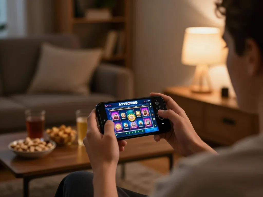 Engaging online gaming with AZTEC888 on a smartphone, highlighting strategic fun in a cozy setting.
