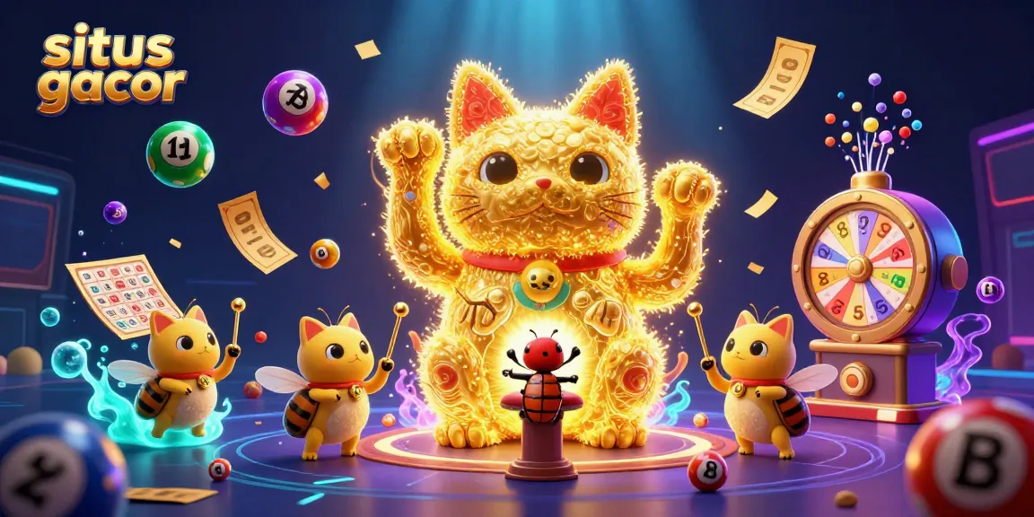 Engage with situs gacor as golden fireflies create a lucky cat amid vibrant casino elements.