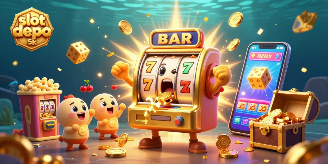 Experience thrilling wins with slot depo 5k as golden slot machines celebrate jackpots in a vibrant casino scene.