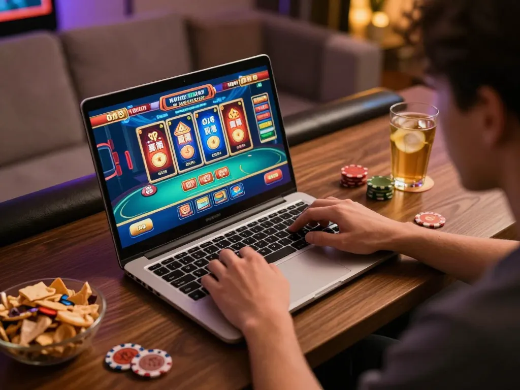Person enjoying online casino games at home, showcasing 98win gaming interface and thrilling gameplay.