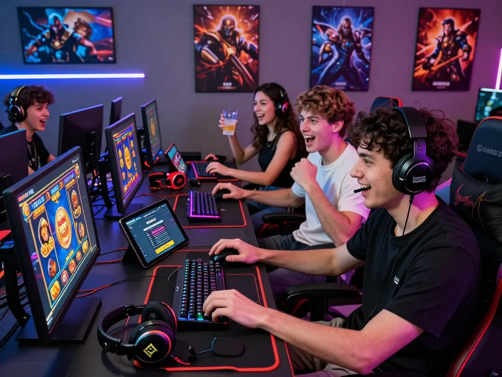 Exciting Zeus138 online gaming scene with friends playing slot games, showcasing vibrant gaming setup and accessories.
